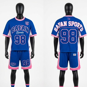 Ensemble short et maillot de football premium 260 GSM en polycoton bleu rose avec panneaux brodés pour homme - Product Image 1