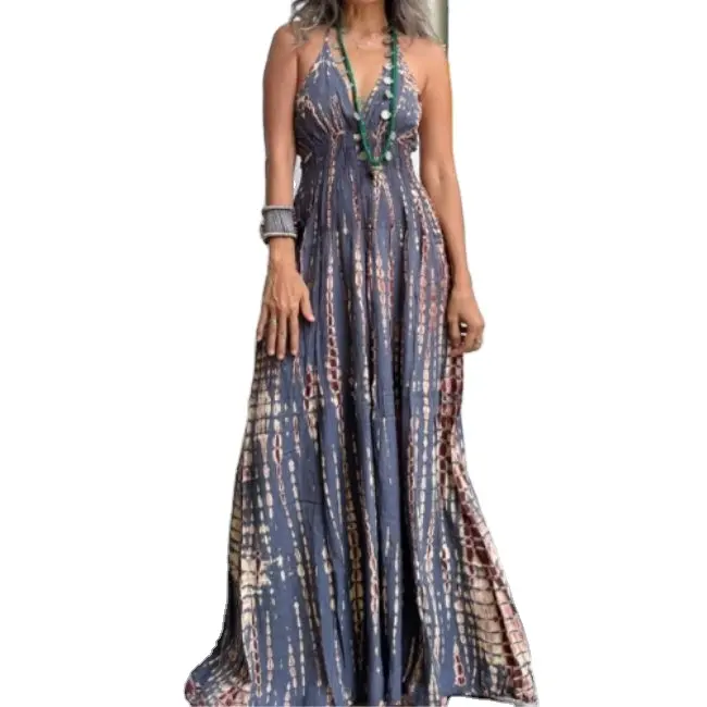 Vestidos de mujer de último diseñador Boho Gypsy Hippie de longitud completa de maternidad Maxi cuello Halter sin espalda diseño Tie Dyed vestido estampado