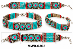 Bracelet élastique fait main en laiton incrusté de perles géométriques, style ethnique vintage, pour femme, modèle Delhi MWB-0302 - Product Image 3