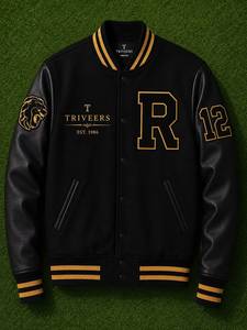 Chaqueta Varsity Premium Negra de Cuero Genuino y Poliéster/Algodón, Estilo Urbano, Cortavientos, con Parches, para Hombre, Personalizable - Product Image 1