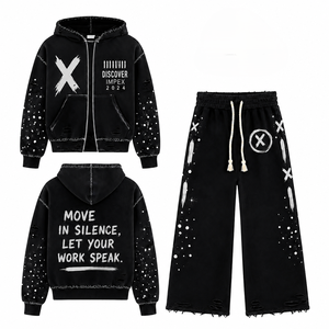 Streetwear personnalisé vintage en molleton 100% coton, coupe longue, délavé à l'acide, zippé, effet vieilli, avec strass, grammage lourd - Product Image 1