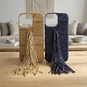Funda para Teléfono con Borlas y Cuentas, Estilo Bohemio para iPhones de Apple, Dorado y Azul Marino, para Todas las Temporadas, con Bordado y Puntadas Cruzadas - Product Image 2