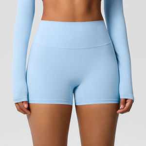 Shorts de Yoga de Cintura Alta Azul Claro, Sin Costuras, Transpirables, Elásticos, de Color Sólido, con Cintura Elástica, Spandex/Nailon - Product Image 1