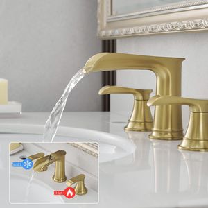 Rubinetto per lavabo bagno da 8 pollici in nichel oro con 3 fori e doppia leva, scarico a scomparsa incluso - Product Image 3