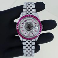 Splendid Gift Jewelry Montre à diamants pour hommes, luxe, analogique, quartz, bracelet en acier inoxydable, lunette en strass rose, boîtier de 28 mm, saphir