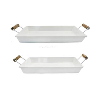 ถาดเคลือบสำหรับตกแต่งบ้านไร่แบบชนบท (ชุด2ชิ้น) งานฝีมือโลหะสีขาวพร้อมที่จับ-ถาดสี่เหลี่ยมขนาดเล็กและขนาดกลาง - Product Image 1