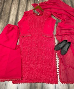 Red Georgette Kurta Women <b>Floor</b>-Length Loose Fit Traditional Ethnic Wear India Pakistan Casual All Seasons Style 62914 BE-170 - Product Image 2