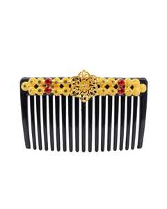 Peineta Clásica de Aleación Chapada en Oro Negro con Diseño Floral Dorado Vintage y Pedrería Roja, 13 cm, Alta Calidad, Ligera - Product Image 2