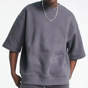 Sweat-shirt à col rond côtelé en molleton français respirant et écologique, 100 % coton, à manches courtes, tricoté sur mesure pour homme, de haute qualité - Product Image 4