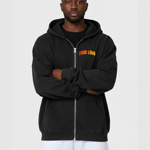 Sweat à capuche zippé noir pour homme 100 % coton molletonné, coupe oversize, logo frontal, motif personnalisé, écologique, respirant, anti-boulochage, automne - Product Image 1