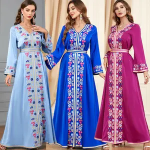 Dubai Turkey Arab Oman Elegant Satin Dress v-neck long sleeve printed abaya dress manufacturers for customs clothes
