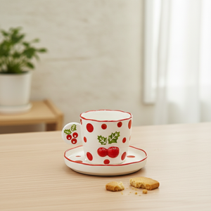 Tasse et soucoupe en porcelaine fine de qualité supérieure 3460984A-0.2 NOUVEAU, motif Poinsettia et points rouges estampés - Product Image 5