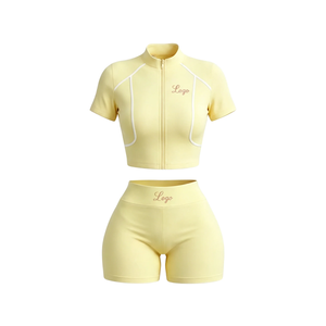 Women's Sporty 2 Piece Tracksuit Set Full Sleeve <b>Turtleneck</b> Zipper Crop <b>Top</b> With Matching Shorts Solid Color Breathable Spring - Product Image 5