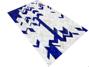 Alfombra moderna de cuero con mechones a mano, diseño de rayas onduladas en blanco y azul para dormitorio y sala de estar - Product Image 4