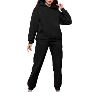 Chándal Negro con Capucha para Mujer, 100% Algodón, Corte Holgado Informal, Largo, Color Sólido, con Bolsillos Laterales, para Otoño - Product Image 1