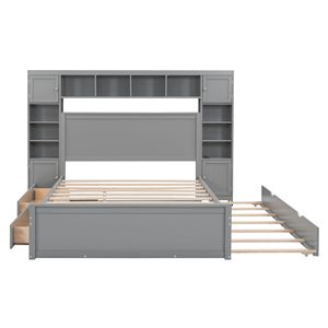 Queen Size Wooden Bed with All-in-One Cabinet Shelf <b>Sockets</b> <b>Twin</b> XL Trundle in Gray - Product Image 6