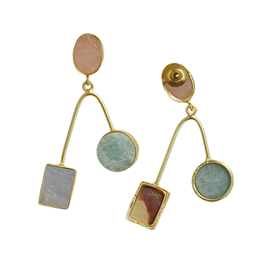 Boucles d'oreilles pendantes triple pierre plaquées or, semi-précieuses, améthyste, quartz rose, nacre, bijoux de mode en gros - Product Image 5