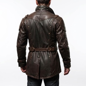 Men's Brown Genuine Leather <b>Jacket</b> Vintage Style Double Breasted Turn-down Collar Chain Decoration - Product Image 4
