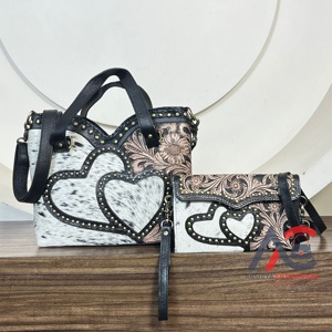 New Arrival Hand Tooled Leather Cowhide Heart Design Messenger Bag Set Western Floral Satchel Bag with Matching Wallet for Women - Product Image 1