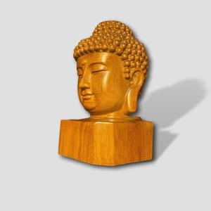 Sculpture de tête de Bouddha en bois faite à la main, figurine d'art religieux sculptée avec un design zen asiatique pour la décoration de la maison ou du bureau - Product Image 2