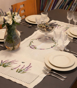 Wholesale Customized Linen Polyester Blend Hemstitch <b>Table</b> <b>Runner</b> Embroidered Lavender Washable Durable <b>Wedding</b> Home Events - Product Image 1