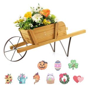 2-in-1 Smart Wheelbarrow Planter with 9 Magnetic Accessories Wooden Wagon for Garden Yard - Product Image 1