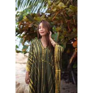 Vestido Kaftán Maxi Tradicional de Algodón con Tinte Tie Dye, Lavable, Ecológico, Transpirable, Cuello en V, para Mujer, Estilo Veraniego, Holgado, para Playa o Fitness - Product Image 4