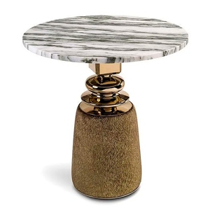 Cortes Modern <b>Side</b> <b>Table</b> Nella Vetrina Antique Gold Finish <b>Marble</b> <b>Top</b> Brass Detail Upholstered Base Luxury Designer Accent <b>Table</b> - Product Image 1