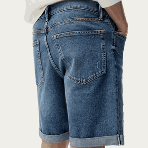 Denim Shorts <b>Men</b> Custom Distress Wash Raw Edges <b>Jeans</b> Denim Shorts Baggy Rhinestone Streetwear Custom Logo Denim Shorts - Product Image 1