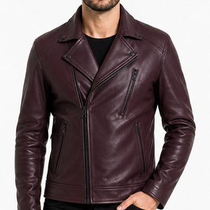 Premium Streetwear <b>Burgundy</b> Men's <b>Leather</b> <b>Jacket</b> Asymmetric Zip High Quality classic <b>jacket</b> - Product Image 2