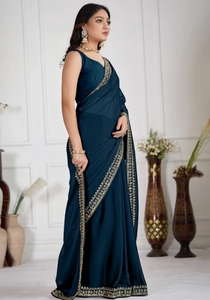 Sari de Seda y Algodón Bordado KV, Reversible, Sin Arrugas, Estilo Bollywood, para Fiesta - Product Image 2