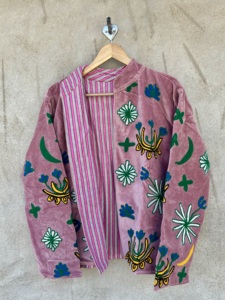Blue <b>Velvet</b> Handmade Embroidered Floral Vintage Winter Bomber <b>Jacket</b> for Unisex with Cotton Lining Breathable Woven - Product Image 2