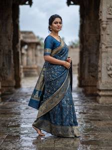 Sari Tradicional de Seda Banarasi con Motivo de Krishna, Tejido Zari Dorado, Pallu Rico, Sari Étnico de Diseño para Bodas Indias - Product Image 4