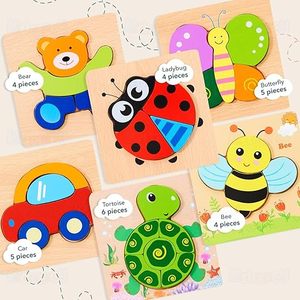 Kidology Juego de rompecabezas de madera - Paquete de 6 juguetes Montessori con forma de animales para niños, juego educativo preescolar para aprendizaje temprano - Product Image 2