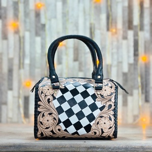 Leather Walla <b>Hand</b>-tooled Genuine Leather Speedy Duffel <b>Bag</b> Black <b>White</b> Checkered Pattern Ratcheting Buckle Shoulder Women - Product Image 3