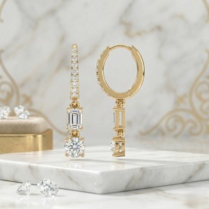 1.40 CTW Vintage 14K Gold Plated Round & Emerald Cut Lab Grown Diamond Two-<b>Stone</b> Huggie Dangle Earrings IGI Certified - Product Image 1