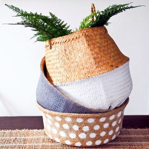 Venta al por mayor de cesta multifunción Seagrass vientre con asa olla de almacenamiento de paja hecha a mano para uso en la cocina para bolsa Zapatos Ropa - Product Image 4