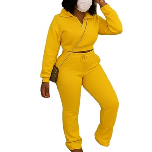 1/4 Gothic <b>Zip</b> Cropped Oversize No Hood <b>Sweatshirt</b> Matching Sweatpants Solid Quick-Drying Anti-Bacterial Women 2-Piece High - Product Image 2