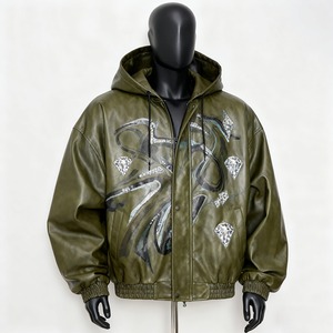 Blouson moto en cuir PU vert olive pour homme, col rabattu, fermeture éclair, motif géométrique en relief, coupe classique, pour l'automne - Product Image 2