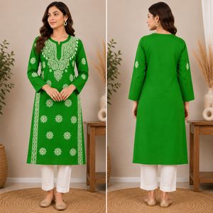 Kurti Recto Parrot Green con Bordado a Mano Lucknowi Chikankari, Elegante Túnica Étnica de Algodón, Kurti Verde para Mujer - Product Image 4