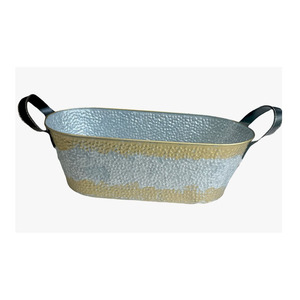 Two Tone Finish Hammered Theme Gold & Silver Oval Beverage Tub With Black Leather Handles Modern <b>Champagne</b> For Wedding & Party - Product Image 2