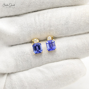 Chordia Jewels 14K Fine Gold Diamond & <b>Emerald</b> Cut Gemstone <b>Studs</b> 0.64CTW Tanzanite Classic Geometric shape Wedding Earrings - Product Image 3