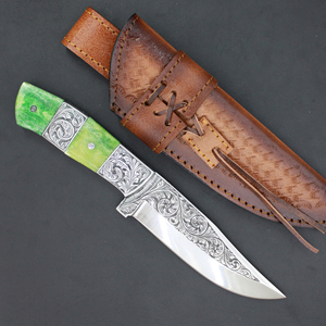 Wholesale Damascus Steel Hunting Knife Engraved Brass and Copper Handle Hunting Knife with Cow Leather - Product Image 4