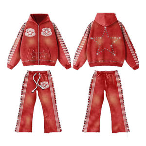 Ensemble sweat à capuche et pantalon de survêtement unisexe, coupe ample, avec strass, effet délavé, léger, streetwear, haute qualité, grandes tailles - Product Image 1