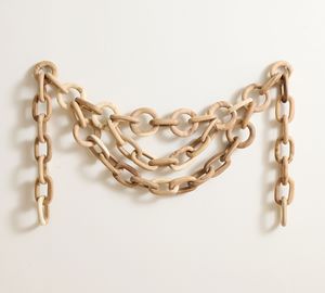 Modern Natural Wood <b>Rope</b> <b>Chain</b> Link Hanging Sculpture with Foliage Pattern Hand Carved Decorative Wall Art for Living Room - Product Image 1