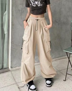 Pantalon cargo pour femme, taille haute, 100% coton, toile, uni, broderie, multi-poches, léger, jambe large, décontracté, automne - Product Image 5