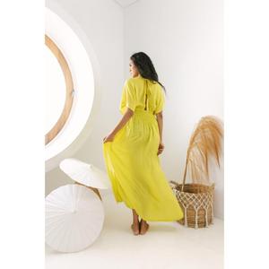Vestido Maxi Elegante Amarillo para Mujer, 100% Algodón Ecológico, Cuello en V Profundo, Manga Abullonada, Estilo Boho Casual para Playa o Fiesta de Verano - Product Image 6