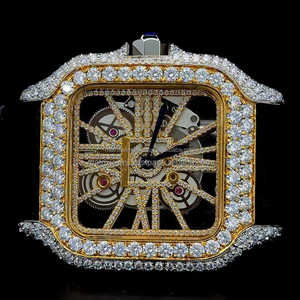 Premium Square Dial <b>Battery</b> Operated Gold two tone Skele-ton Premium black leather band watch diamond <b>tester</b> approved moissanite - Product Image 3