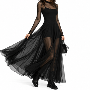 Robe longue noire à col choker et manches longues, avec superposition transparente, coupe trapèze ajustée, ourlet asymétrique, idéale pour les soirées, toutes saisons - Product Image 1
