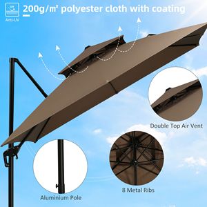 Ombrellone da Patio a Sbalzo da 3 Metri con Base, Doppio Tetto, in Alluminio, Rotazione a 360 Gradi, Inclinazione Facile, 8 Razze - Product Image 6